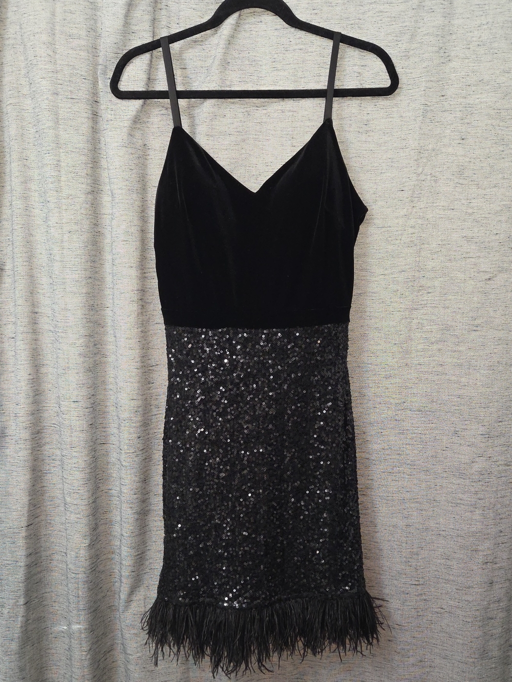 Guess Black Velvet & Sequin Feather-Hem Mini Dress
